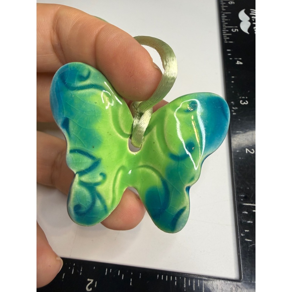 Ceramic Butterfly Necklace Green Blue Glazed Pottery Hanging Decor Crackle